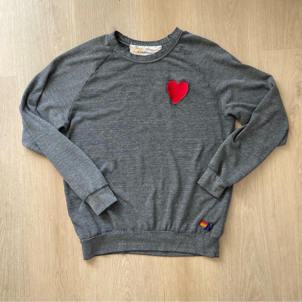 Aviator Nation Gray Crewneck Sweatshirt with Red Heart Patch